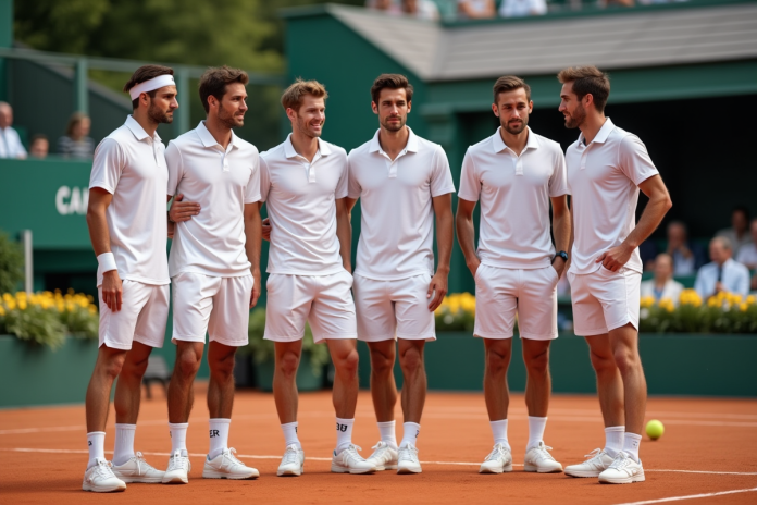 joueurs-tennis-elites-courtside Groupe de joueurs de tennis élégants sur un court en terre battue