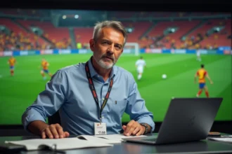 Journaliste sportif catalan en plateau de télévision commentant un match du FC Barcelone