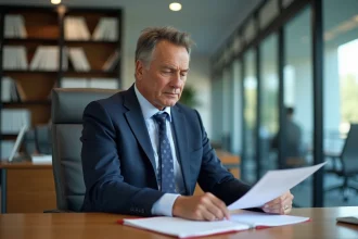 Journaliste en costume navy lisant un document confidentiel