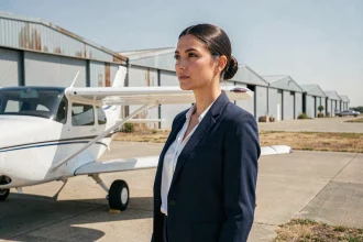 Femme confiante en blazer marine debout près d'un avion léger sur un tarmac d'aérodrome régional, illustrant l'héritage familial dans l'aviation