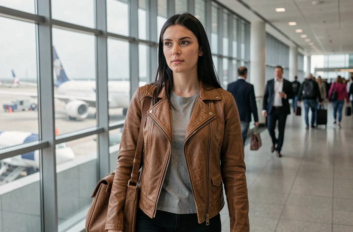 Jeune femme en veste aviateur en cuir marchant dans un terminal d'aéroport, symbolisant une carrière construite dans l'univers de l'aviation familiale