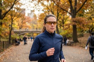 Femme portant des lunettes de sport correctrices lors d'une séance de running en plein air dans un parc