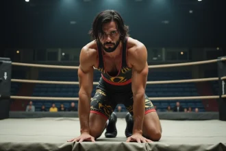 Lutteur athletique en position dans le ring de lutte