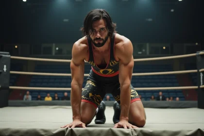 Lutteur athletique en position dans le ring de lutte