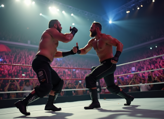 Résultats de SmackDown : analyse et décryptage des combats épiques Deux lutteurs en action dans une arène bondée avec éclairage dramatique