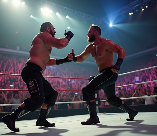 Résultats de SmackDown : analyse et décryptage des combats épiques Deux lutteurs en action dans une arène bondée avec éclairage dramatique