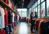 Intérieur lumineux d'un magasin de sport avec maillots Angleterre rugby