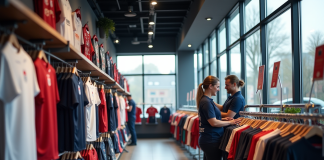 Les cinq meilleurs endroits pour acheter un maillot de rugby de l’équipe d’Angleterre Intérieur lumineux d'un magasin de sport avec maillots Angleterre rugby