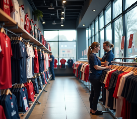 Les cinq meilleurs endroits pour acheter un maillot de rugby de l’équipe d’Angleterre Intérieur lumineux d'un magasin de sport avec maillots Angleterre rugby