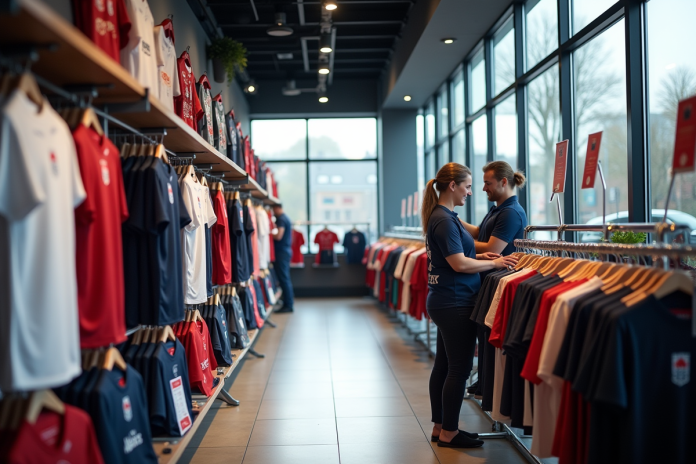 Intérieur lumineux d'un magasin de sport avec maillots Angleterre rugby
