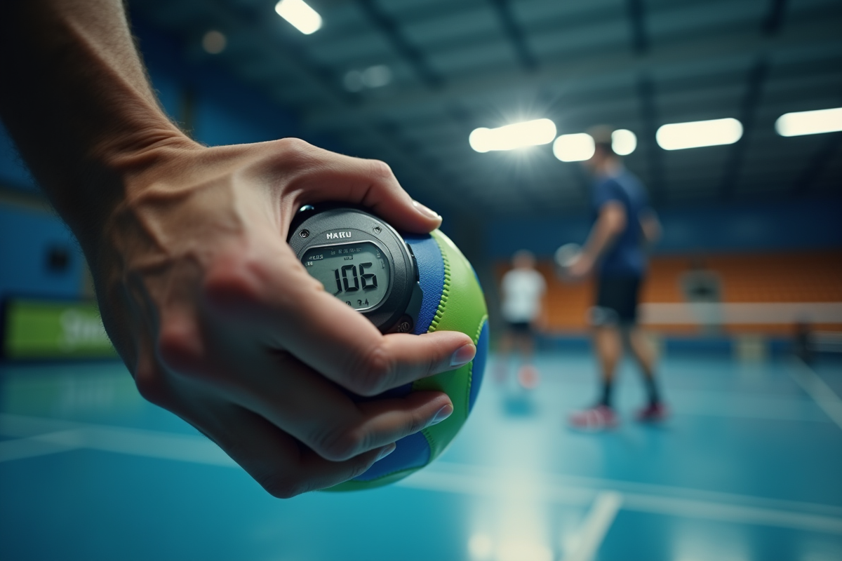 Main tenant un chronometre et un ballon de handball en pleine action