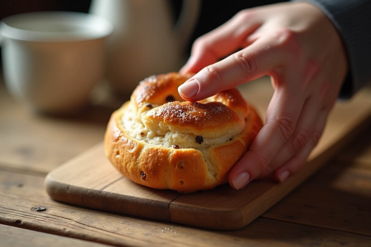 Main attrapant un pain aux raisins sur une table en bois