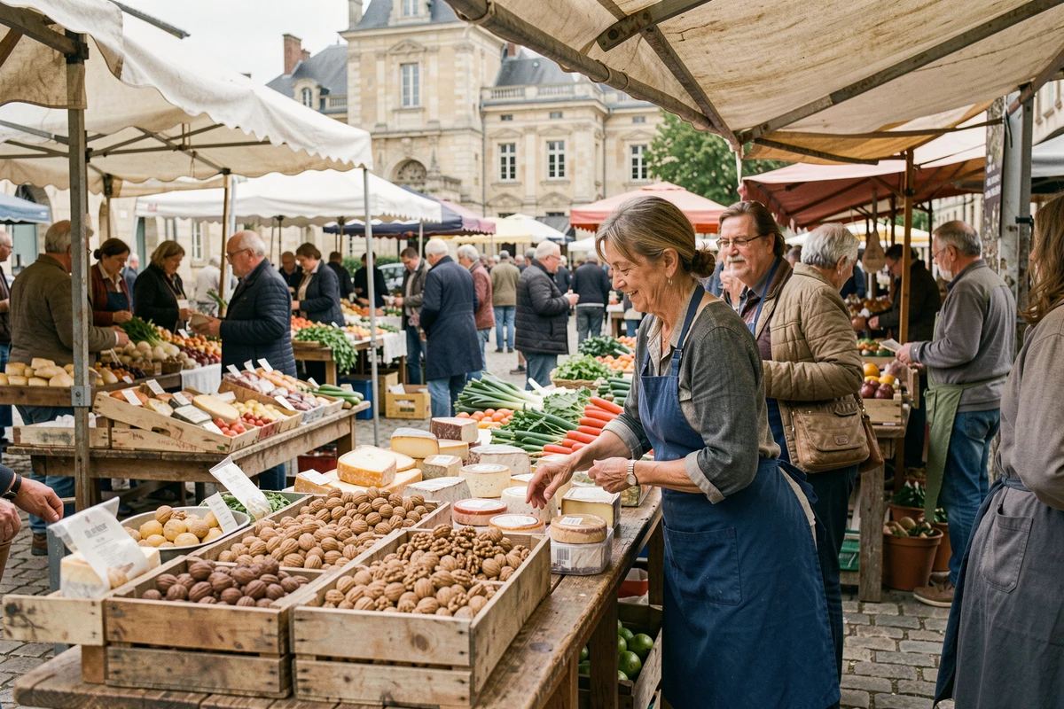 Marché traditionnel de Bergerac avec producteurs locaux vendant foie gras noix et fromages du Périgord