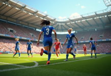 Match de football féminin dynamique dans un stade bondé