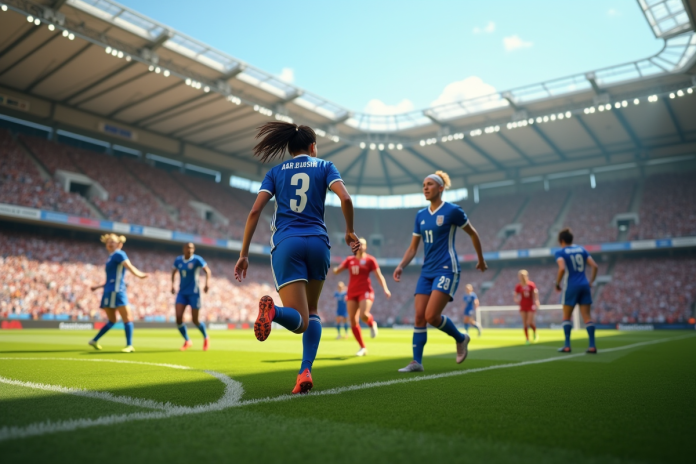 Match de football féminin dynamique dans un stade bondé