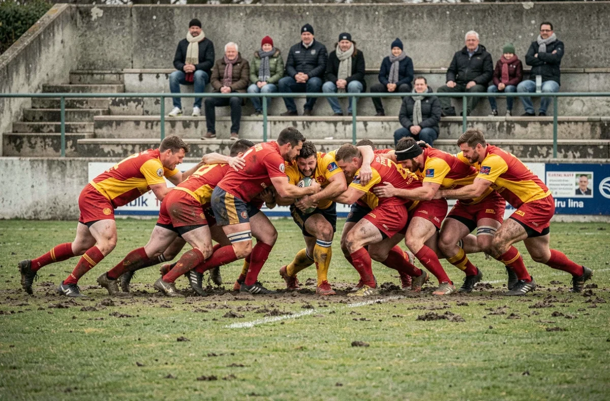 Mêlée lors d'un match de rugby dans un stade régional français, illustration de l'évolution des divisions amateur et semi-professionnelles