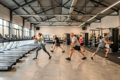 Vue panoramique d'une salle de fitness moderne dans les Hauts-de-France avec équipements variés et membres actifs