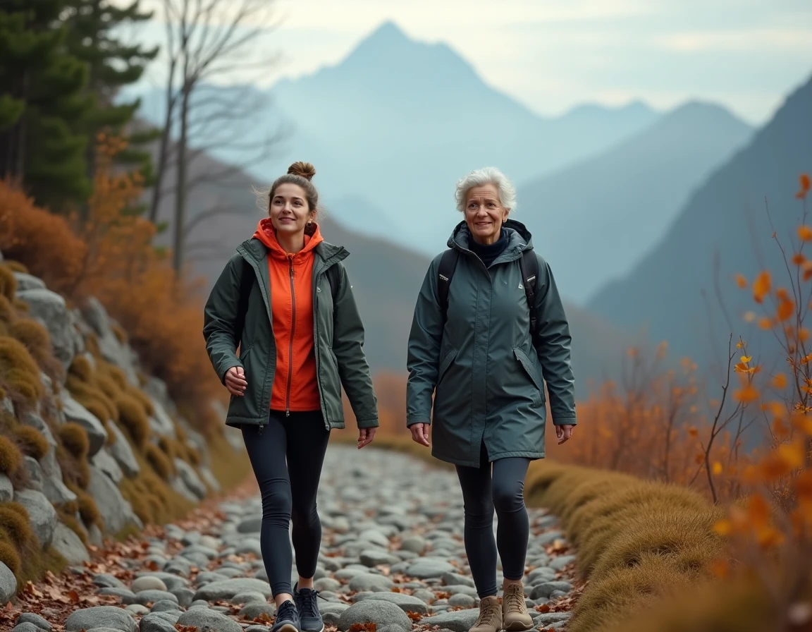 Deux femmes, mère et fille, marchant ensemble sur un sentier de montagne en automne, entourées de feuillages dorés et de sommets brumeux