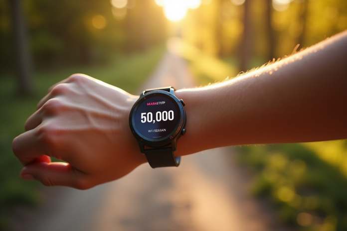 Montre connectee sportive affichant 30000 pas en plein air