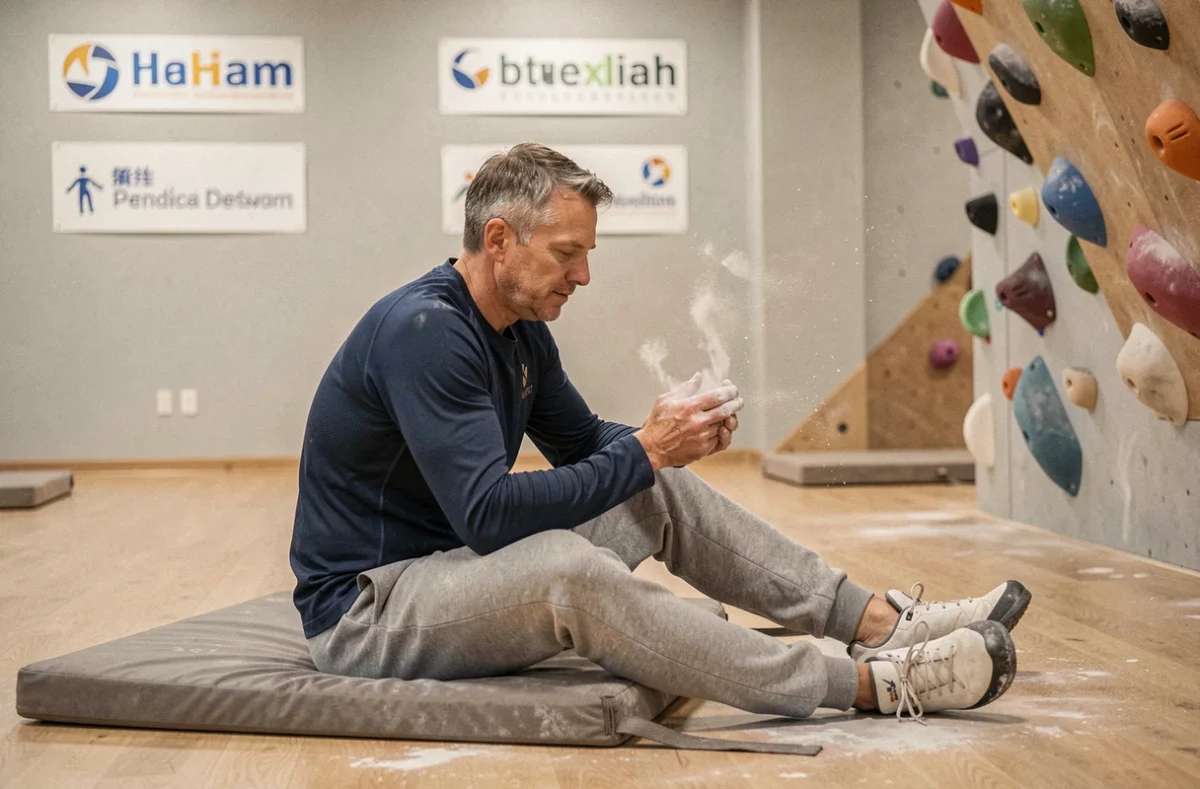 Grimpeur se magnésiant avant d'attaquer un bloc à la salle MRoc Laennec à Lyon