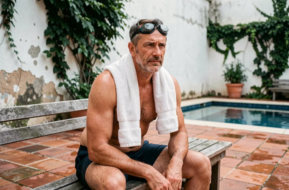 Nageur en short de bain assis dans la cour intérieure de la piscine de la Butte aux Cailles à Paris avec murs patinés et végétation grimpante