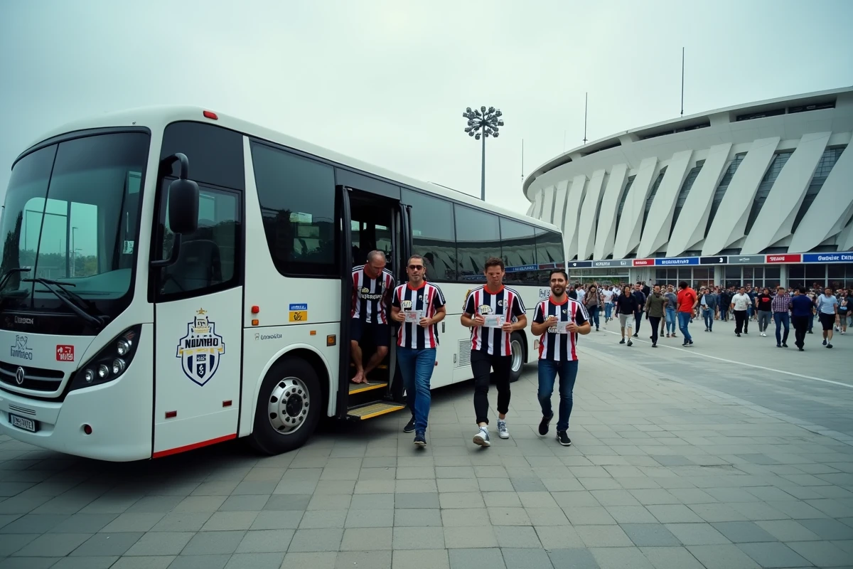 Supporters de la Juventus descendant d'une navette de transfert devant l'Allianz Stadium de Turin avec leurs billets en main