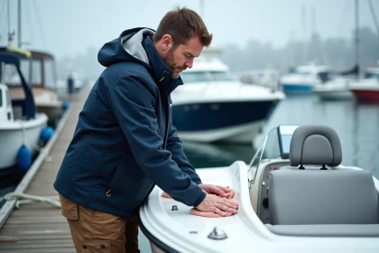 Homme nettoyant un petit bateau blanc au port en extérieur