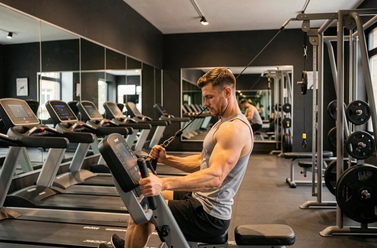 Homme s'entraînant sur machine à câble dans la salle haut de gamme One Fitness Club Les Tanneurs à Lille