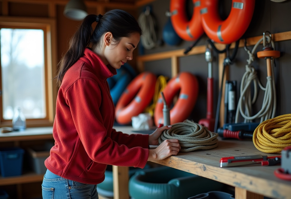 Femme organisant du matériel nautique dans un hangar intérieur