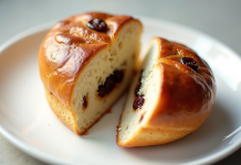 Pain aux raisins coupé en deux sur une assiette blanche