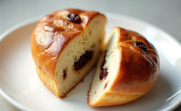 Pain aux raisins : impacts sur votre régime et comment les gérer Pain aux raisins coupé en deux sur une assiette blanche