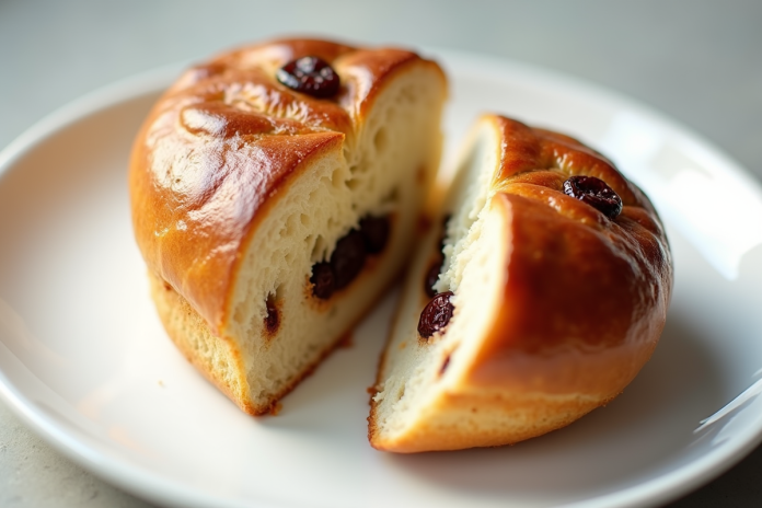 Pain aux raisins coupé en deux sur une assiette blanche