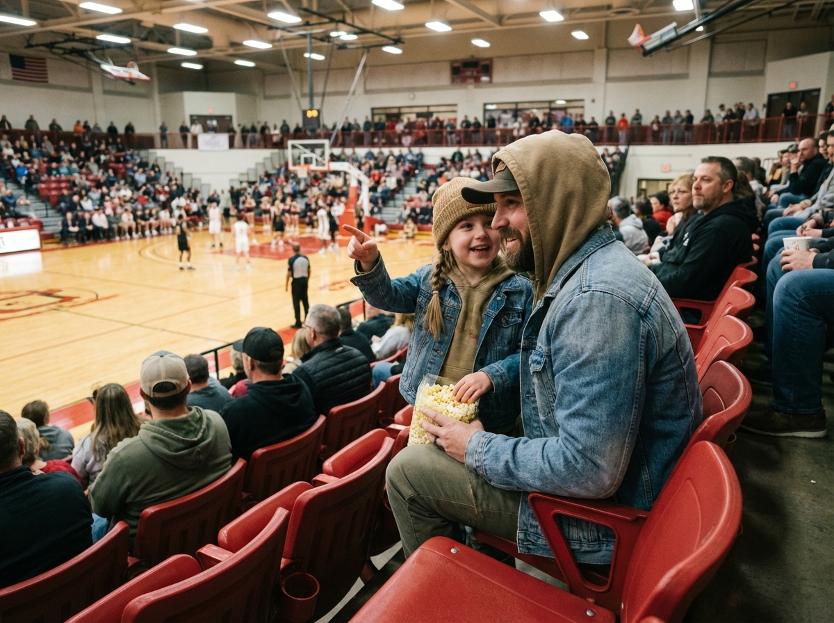 Père et fille regardant un match de basketball ensemble