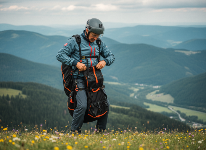 Paraglider homme ajustant son harnais en montagne