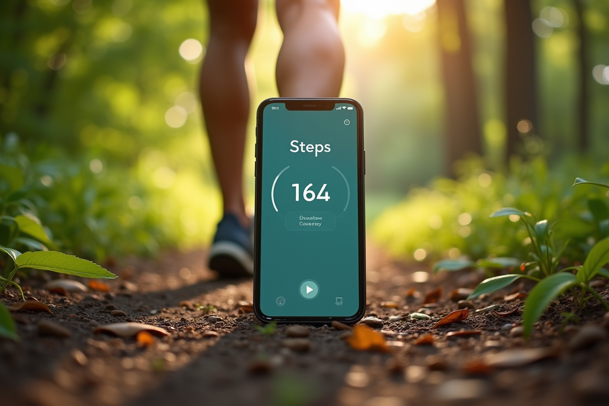 Pas sur sentier forestier avec application de marche sur téléphone