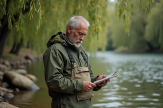 Pêcheur examinant son permis de pêche au bord d'une rivière française