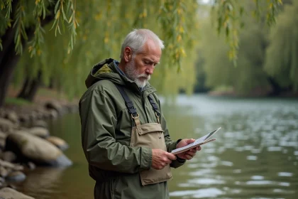 Pêcheur examinant son permis de pêche au bord d'une rivière française