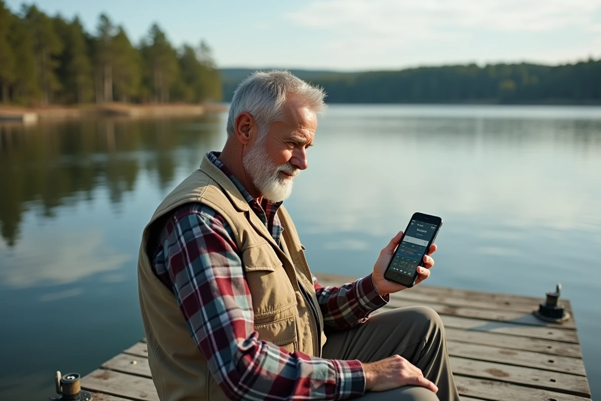 Pêcheur senior consultant son permis de pêche numérique sur smartphone au bord d'un lac