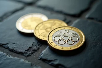 Pièces de 2 euros commémoratives JO 2026 en gros plan sur ardoise noire avec détails gravés en métal