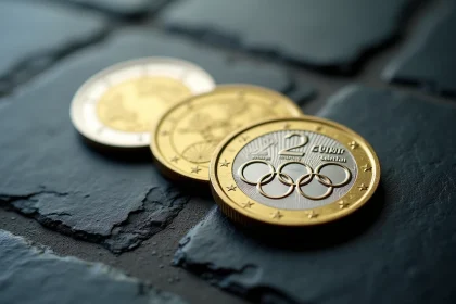 Pièces de 2 euros commémoratives JO 2026 en gros plan sur ardoise noire avec détails gravés en métal