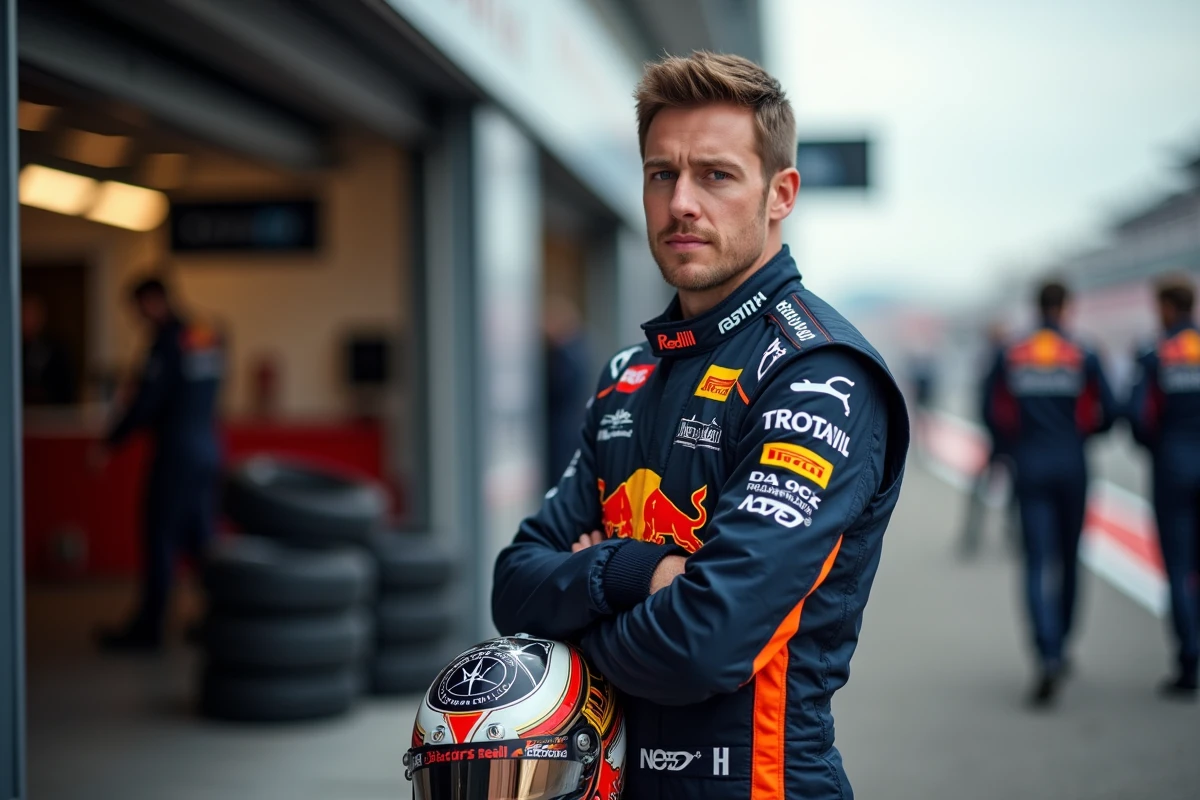 Pilote de Formule 1 en combinaison de course dans la voie des stands, expression concentrée avant le départ d'un Grand Prix 2026