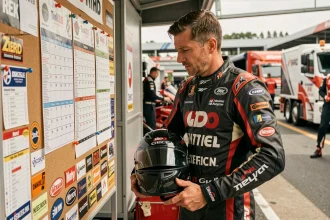 Pilote de moto consultant le calendrier des courses FFCC dans le paddock lors de la saison 2026