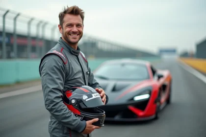 Homme souriant en combinaison de course avec voiture sportive