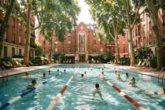 Piscine extérieure de la Butte aux Cailles à Paris entourée d'arbres et de façades Art Déco en brique rouge lors d'un après-midi d'été