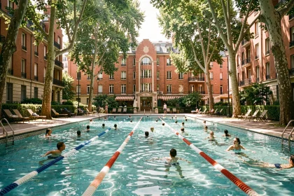 Piscine extérieure de la Butte aux Cailles à Paris entourée d'arbres et de façades Art Déco en brique rouge lors d'un après-midi d'été