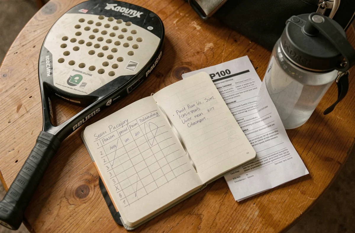 Vue du dessus d'un planning de saison padel manuscrit avec tableau de points P100 et raquette sur une table en bois
