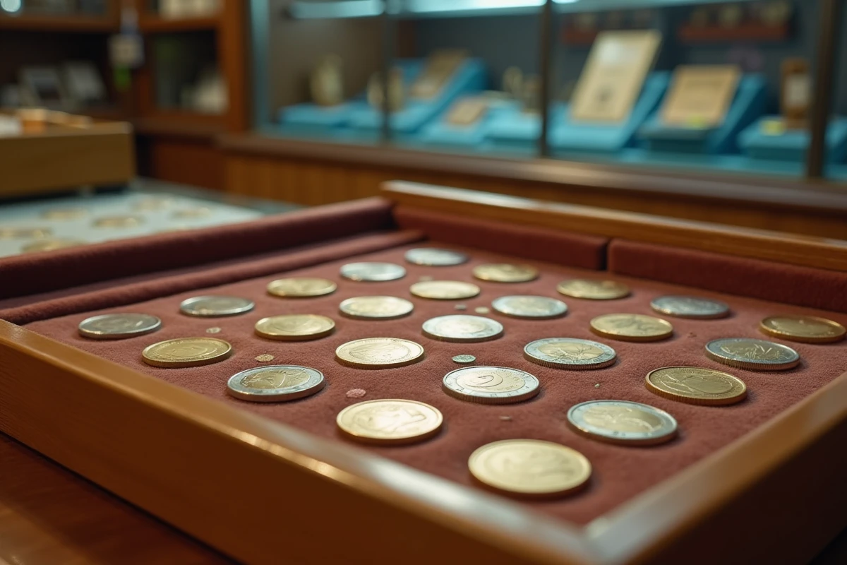 Plateau de pièces de 2 euros JO 2026 exposées chez un marchand numismate avec étiquettes de prix