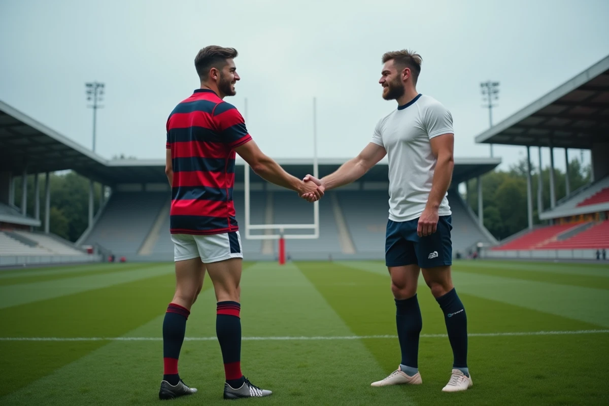 Deux joueurs de rugby de clubs différents en National 2 se serrant la main sur la pelouse, symbolisant les échanges et transferts entre équipes en 2026