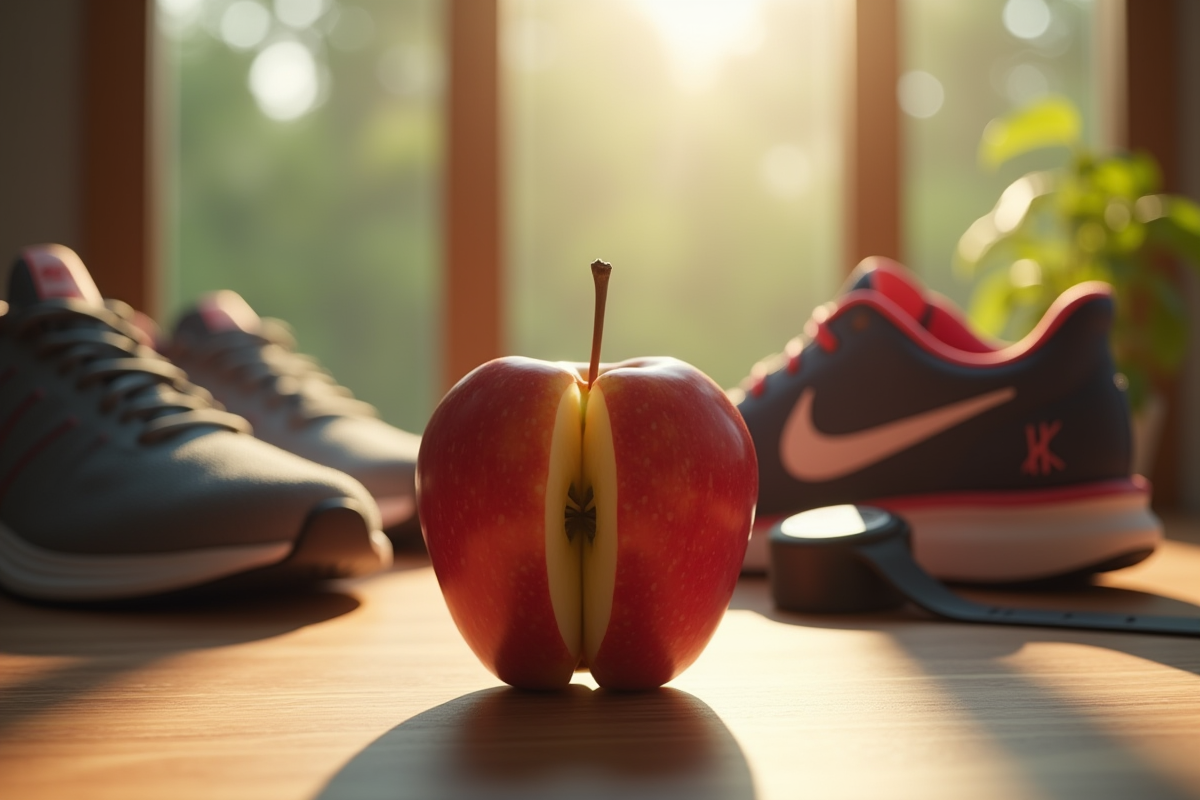 Pomme rouge tranchée sur une table en bois avec chaussures de sport