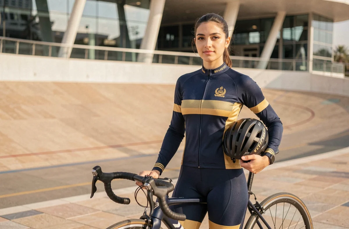 Portrait de Kholoud Shahine Al-Kuwari en tenue de cyclisme devant une infrastructure sportive moderne au Qatar